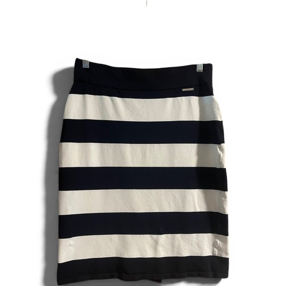Michael Kors Navy White Striped Knit Pencil Skirt Medium Bodycon Stretch Logo
